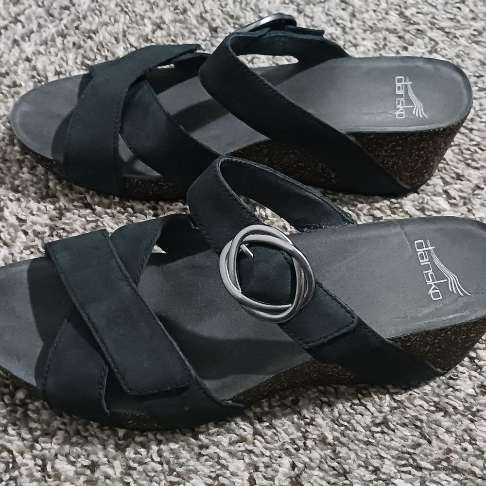 Dansko Black Wedge‎ Sandals with Contoured Footbed